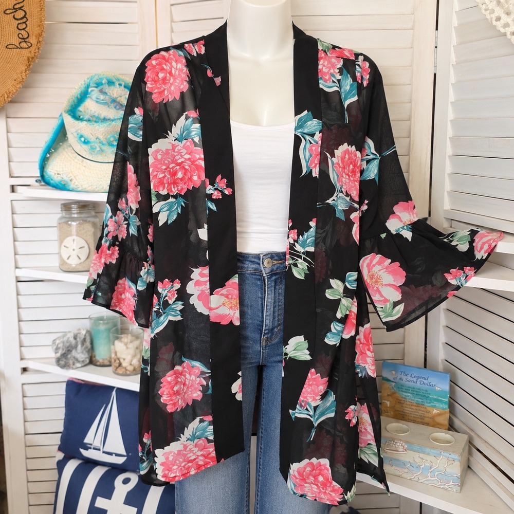 Influence Floral Kimono Cardigan Size 8 Black Pink Chiffon Bell Sleeve Cover Up